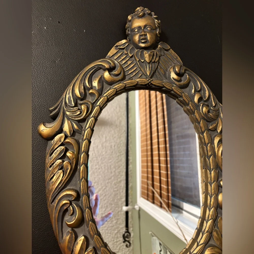 3D CHERUB ANGELS OVAL PLASTER WALL MIRROR HOLLYWOOD REGENCY GOLD